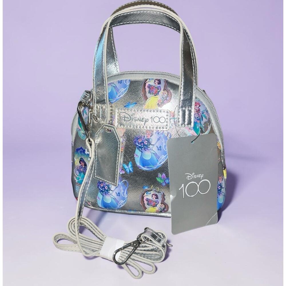 Disney 100 Princess Silver Metallic Mini Crossbody Dome Satchel Bag Purse NWT